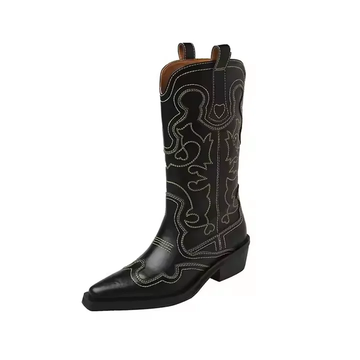 Customized Winter New Calfskin Cowboy Boots Genuine Leather 5cm Block Heel Women Western Boots