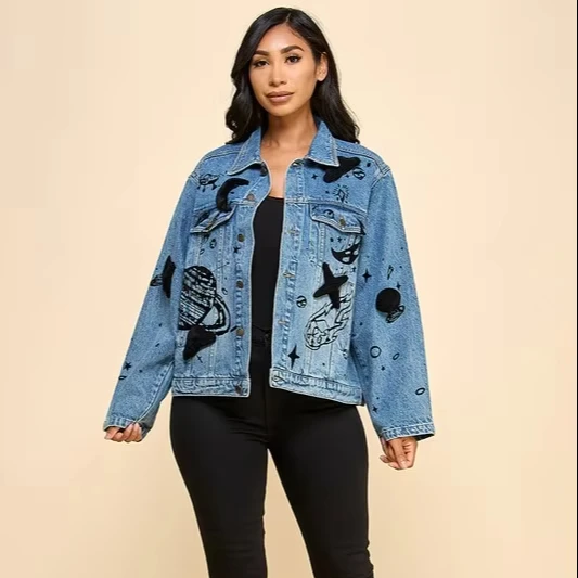 Women's Oversized Denim Jacket For Autumn Flocked Design With Button Closure And Front Pocket All-over Stitched 3d Details