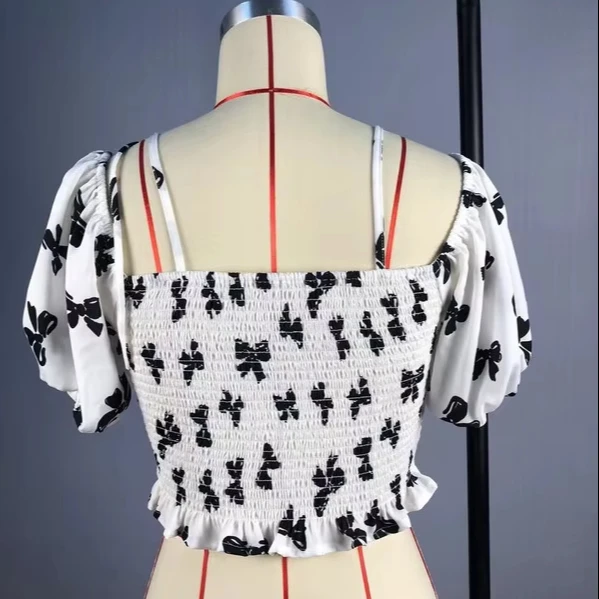 Women's Pleated Chest Blouse With Bow Print & Bubble Sleeve Lace Shoulder Strap Casual Daily Wear & Party Outfit