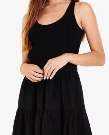 Women's Black Rib Fabric Stitching Comb Fabric Layered Long Dress-sleeveless, Round Neck, Suitable For Casual Going Out