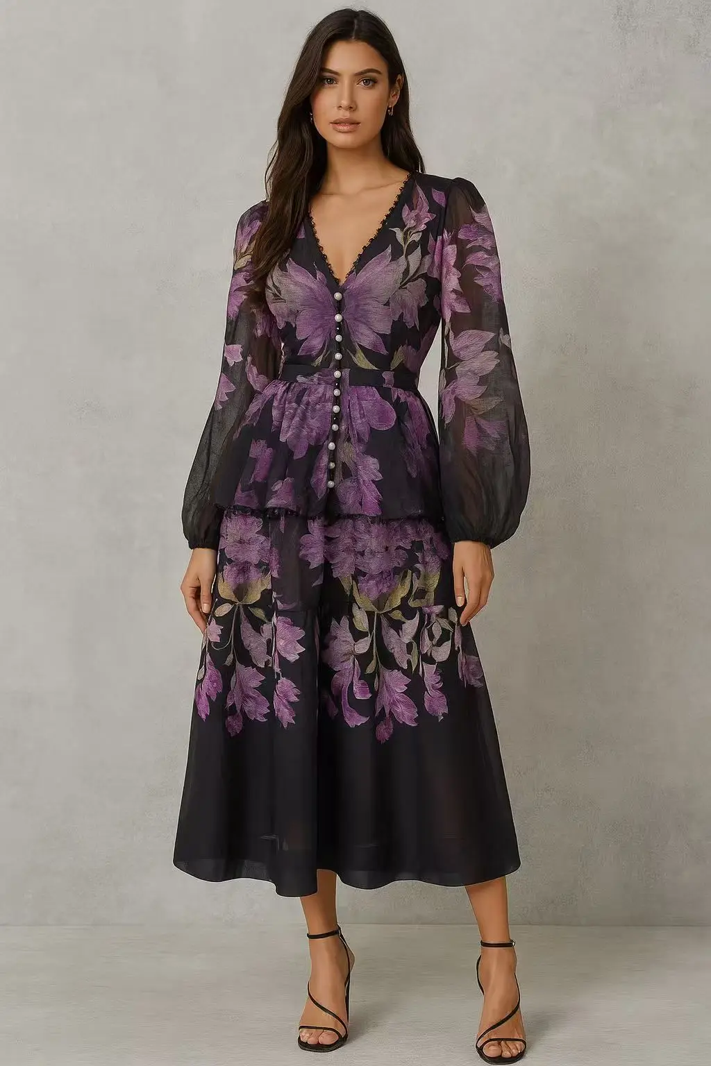 Aady's Vintage Elegant Floral Print Set Long Daily Wear Tops With Button Decoration