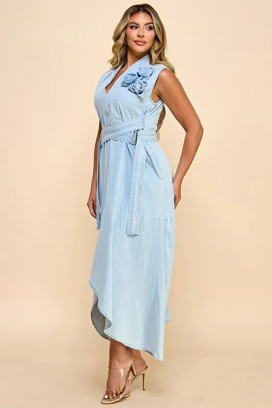 Women's Casual Asymmetric Maxi Denim Dress Summer Sleeveless Flower Detail Belted Waist Washed Technique For Brunch Gatherings