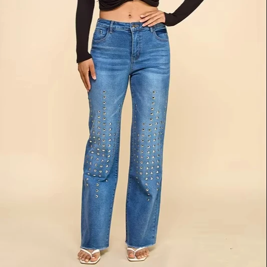 Ironed Graphic Ladies' Leisure Long Pants Breathable Denim Casual Style Pencil Jeans Mid Waist Rivet For Summer Autumn Spring