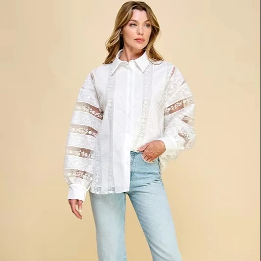 Women's Button-down Blouse With Sheer Lace Panel & Long Puff Sleeves Casual Outings Perfect Shirt