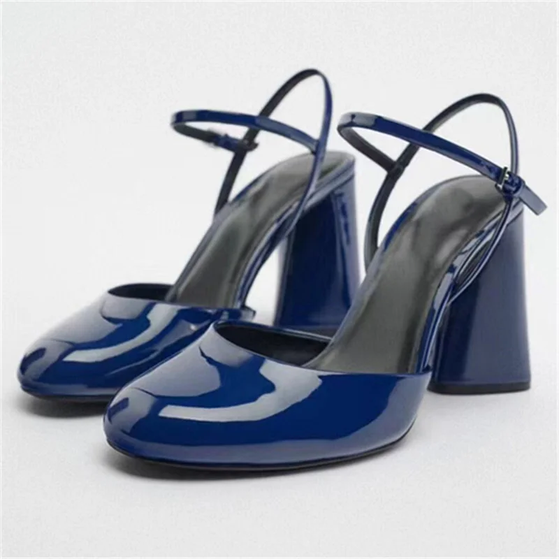 Elegant Spring Ladies Shoes Blue Patent Leather Round Toe Thick Heel Slingback Block Heels For Women Mary Jane Pumps