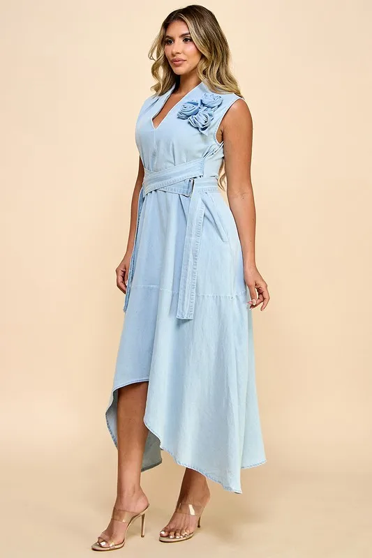 Women's Casual Asymmetric Maxi Denim Dress Summer Sleeveless Flower Detail Belted Waist Washed Technique For Brunch Gatherings