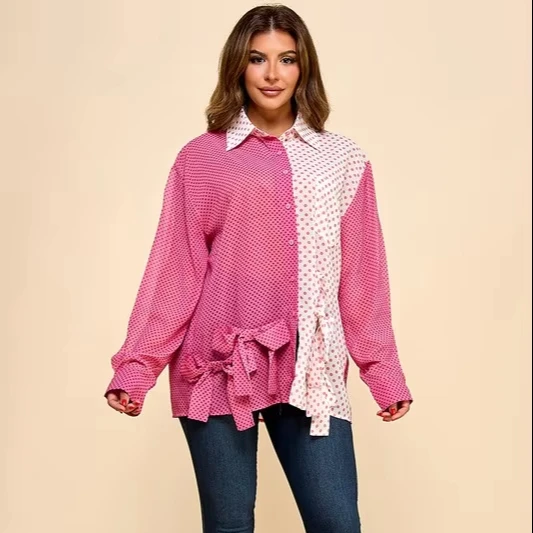 Ladies' Multi-color Polka Dot Hem With Bow Knot Casual Shirt