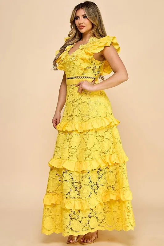 Women's Tiered Ruffle Lace Dress - V - Neck, Layered Frills, Ideal For Garden Parties