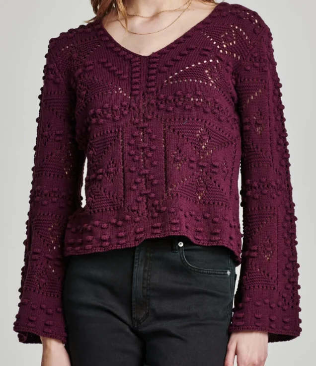 Women's Burgundy Cotton Rib Knit Sweater With V-neck And Textured Bobbles Dot Pattern For Spring Casual Outings