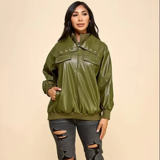 Women's Popular Studded Imitation Leather Jacket Loose Rib Collar Motorcycle Style Suitable For Daily Wear