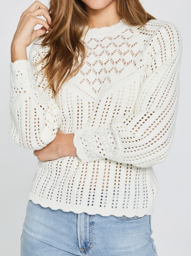 Women's Stylish White Openwork Sweater With Balloon Sleeves Scalloped Hem Geometric Pattern Great For Light Gatherings In Spring