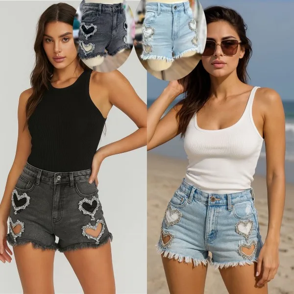 Women's Rhinestone Love Denim Shorts-rough Leg, Hollow Details, Suitable For Beach Vacation, Daily Wear