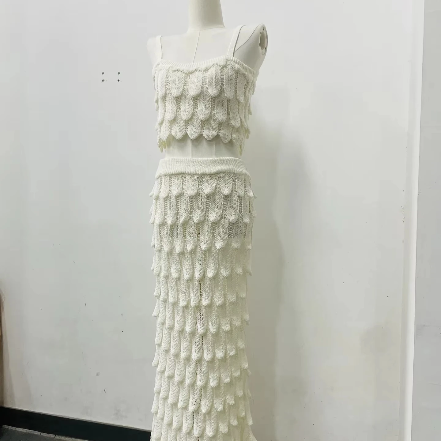 Women's White Feather-like Crocheted Two-piece Set-sleeveless Crop Top Maxi Skirt Skinny Fit Spring Elegant Style Evening Events