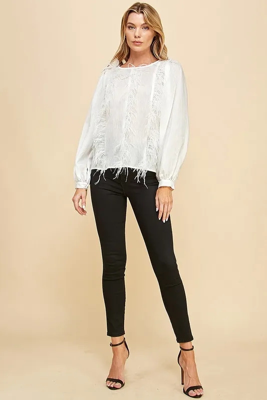 Women's White Feather - Trimmed Blouse - Lantern Sleeves, Elegant Style, Ideal For Party Gatherings