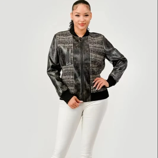 Women's Pu & Plaid Bomber Jacket Retro Patchwork Y2k Streetwear Essential Stand Collar Woven Heated For Winter Autumn Seasons