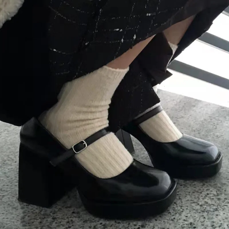 Elegant Mary Jane Shoes Platform Chunky Heel Autumn And Winter One Strap Square Toe Women High Heels Pumps