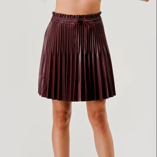 Ladies' Pu Leather Pleated Drawstring Fashion Short Skirt