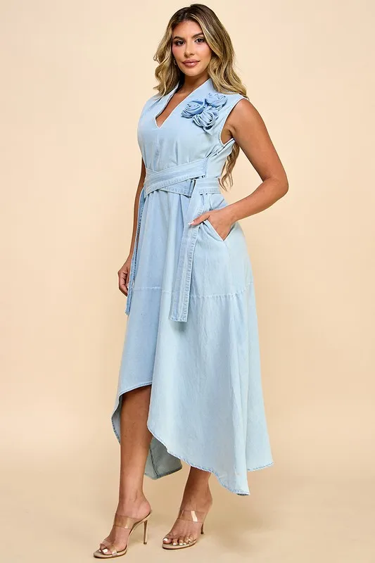 Women's Casual Asymmetric Maxi Denim Dress Summer Sleeveless Flower Detail Belted Waist Washed Technique For Brunch Gatherings