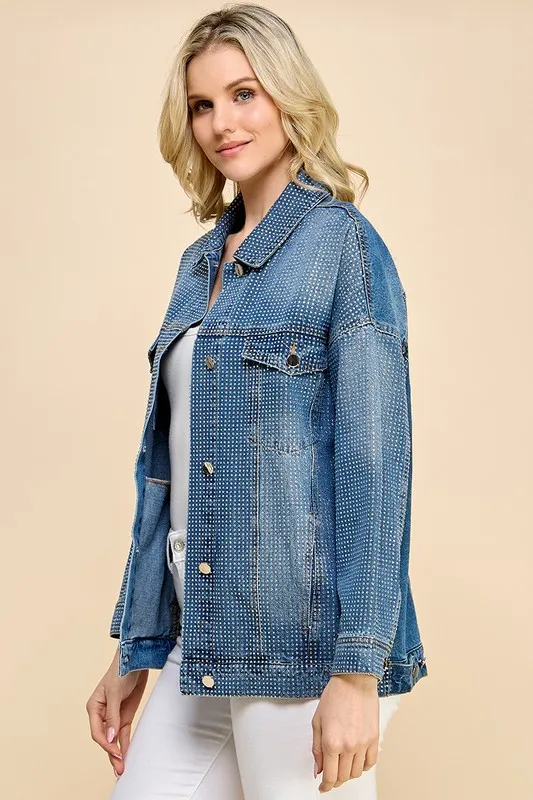 Women's Wash Denim Jacket With Button And Rhinestone Decoration Loose Fit Autumn/winter Vintage Style For Casual Wear