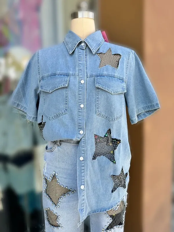 Women's Short Sleeve Denim Shirt With Star Mesh & Diamond Hollow Design Button Decoration For Music Festival Summer Style