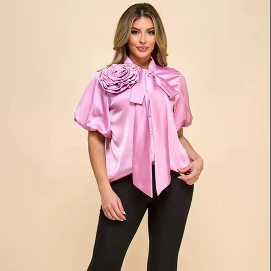 Women's Detachable Ribbon With Floral Embellishments Top