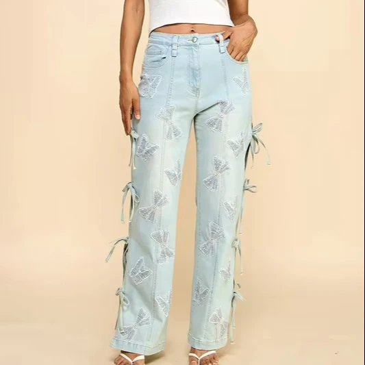 Women's Trendy Embellished Denim Jeans-bow Butterfly Side Ties Great For Summer Streetwear Looks Waist Straight Style Sweet