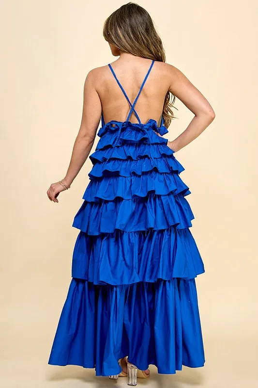 Dresses Women Lady Elegant With V-neck And Tiered Ruffles Sleeveless For Galas - Blue Dress