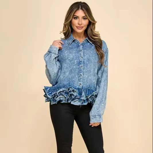 Ladies' Cute Multi-layered Ruffle Denim Shirt Woven Summer Fashion Element Simple Style