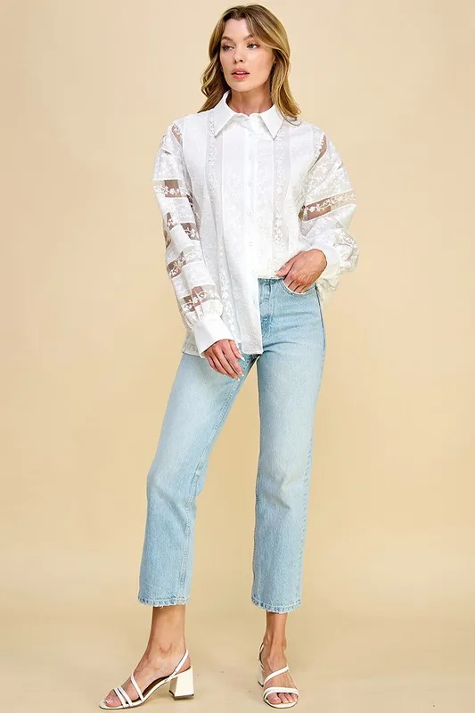 Women's Button-down Blouse With Sheer Lace Panel & Long Puff Sleeves Casual Outings Perfect Shirt