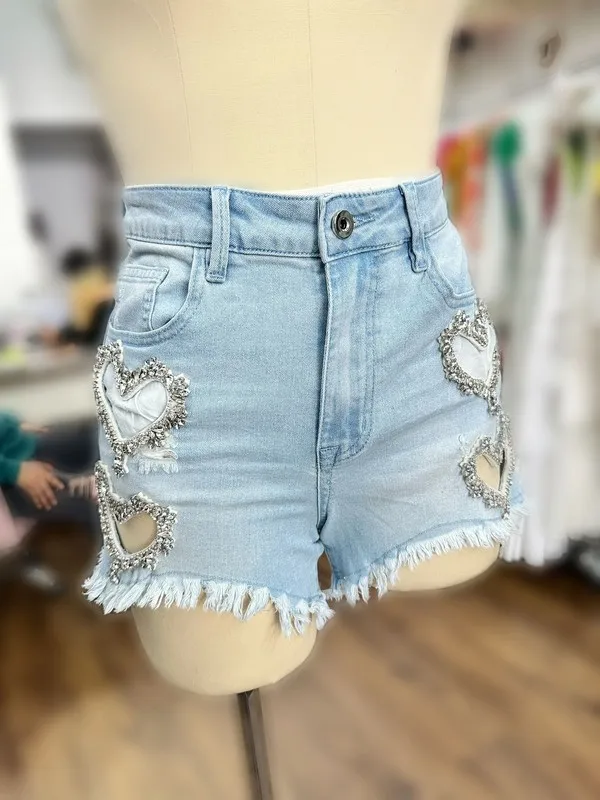 Women's Rhinestone Love Denim Shorts-rough Leg, Hollow Details, Suitable For Beach Vacation, Daily Wear
