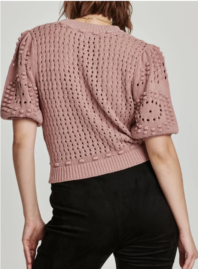 Women's Cinnamon Powder Craft Crochet Neck Short Sleeve Crop Top With Hollow Details Bubble Sleeves For Daily Commuting Sweaters