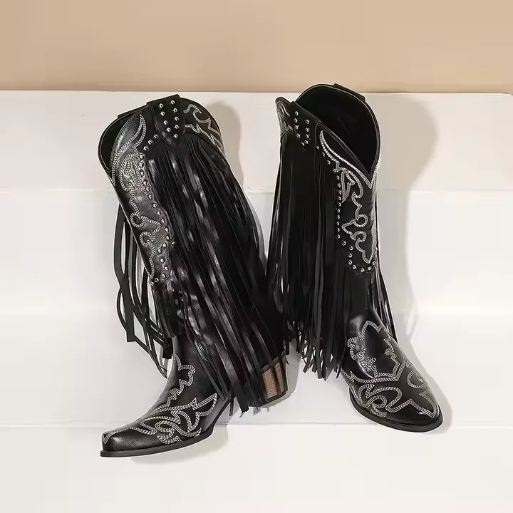 Ladies Cowboy Horse Riding Boots V Month 5cm Block Heel Women Knee High Western Boots With Fringes