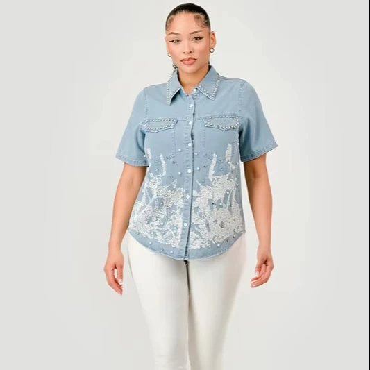 Women's Light-colored Short-sleeved Vintage Denim Shirt Floral Pattern Button Rivet Decoration Casual Streetwear For Daily Wear