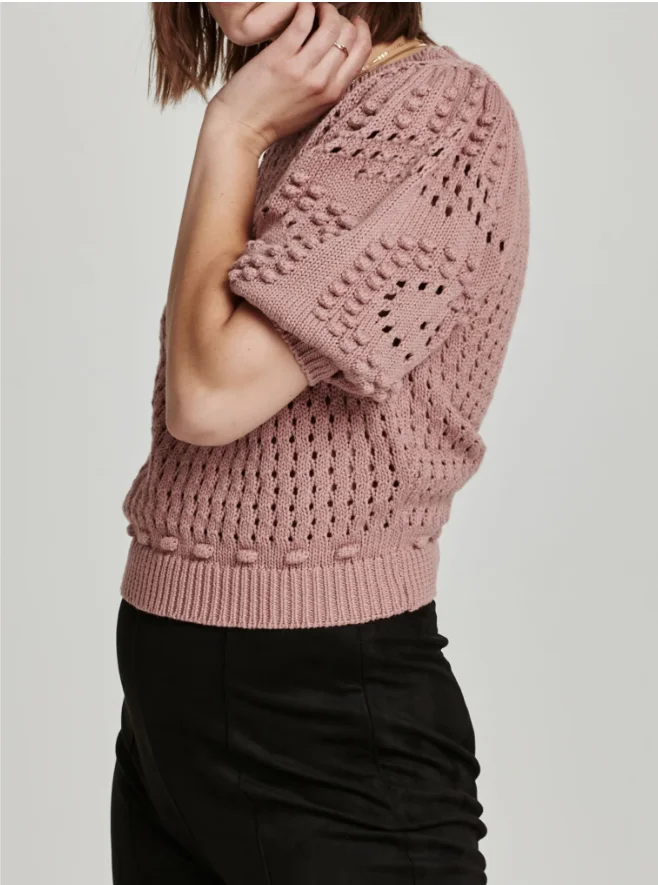 Women's Cinnamon Powder Craft Crochet Neck Short Sleeve Crop Top With Hollow Details Bubble Sleeves For Daily Commuting Sweaters