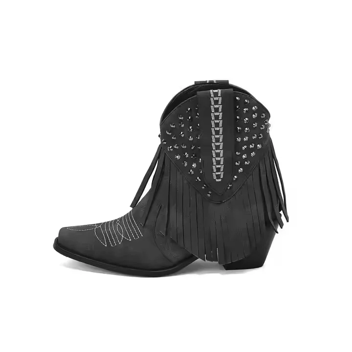 Big Size 48 Ladies Rivet Cowboy Boots Square Toe 6cm Heel Women Short Western Fringe Boots