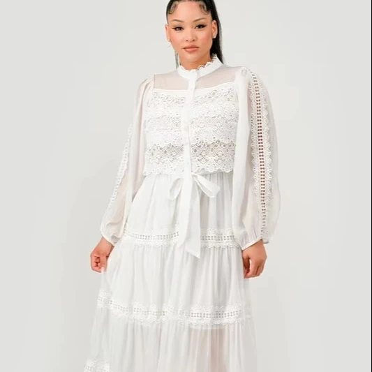 Ladies' Elegant Long Dress With Multi-layer Lace Trim Solid Color Natural Waistline Woven Weaving Method Button Decoration