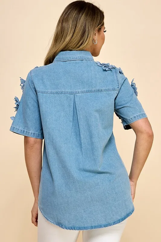 Ladies' Floral Fashion Denim Short-sleeve Shirt
