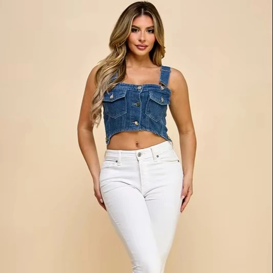 Lady's Designer Low-cut Tight Bandeau Denim Top For Fashion Gatherings And Music Festivals