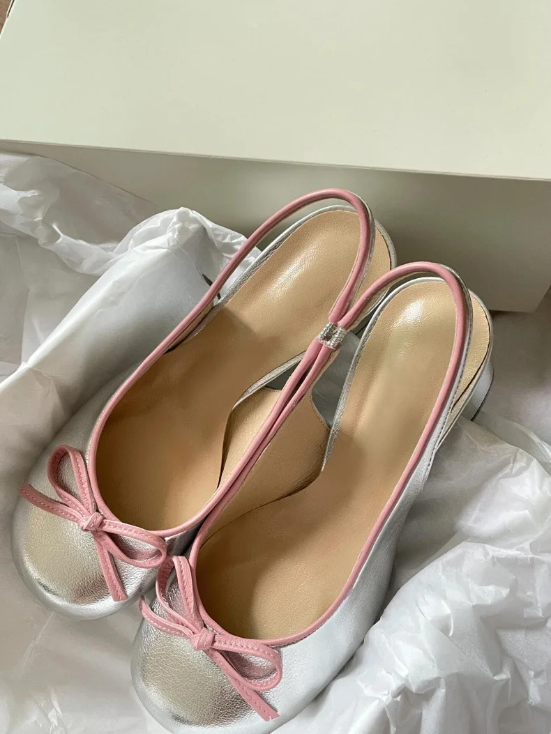 Fashion Ladies Sheep Leather Silver Slingback Pumps Round Toe Elegant Chunky Heels Women High Heels