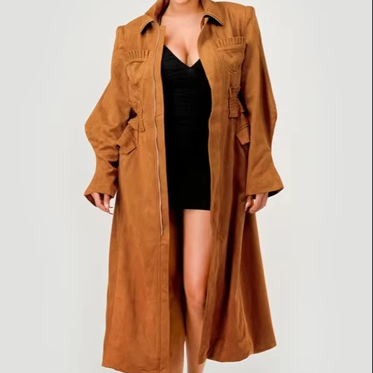 Women's Vintage Velvet Coat Three-dimensional Tailoring Pleated Waist Multi-pockets Long Length Autumn Daily Wear Polyester