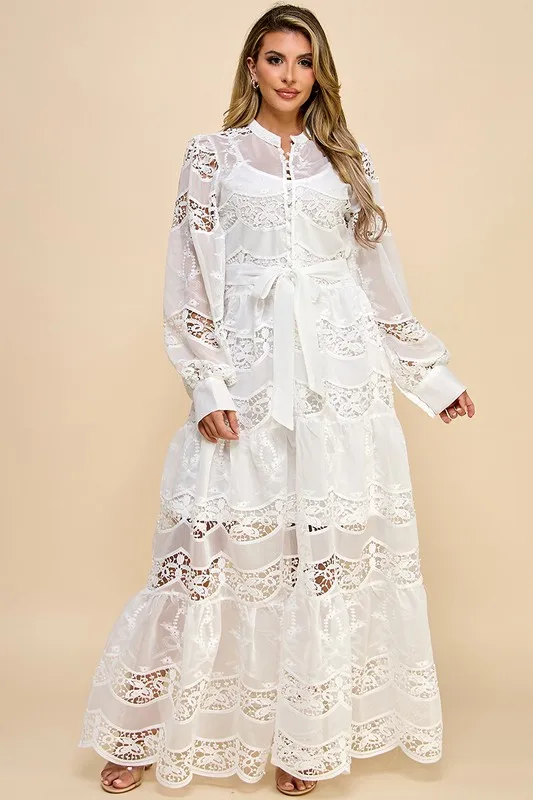 Ladies White Lace Dress With Perspective Lantern Sleeves Lace Waist Button Decoration Sweet Style For Commuting Shopping Travel