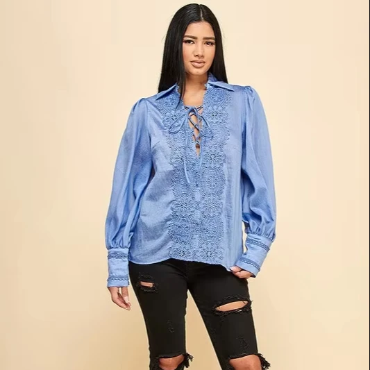 Ladies Elegant Lace V-neck Drawstring Top