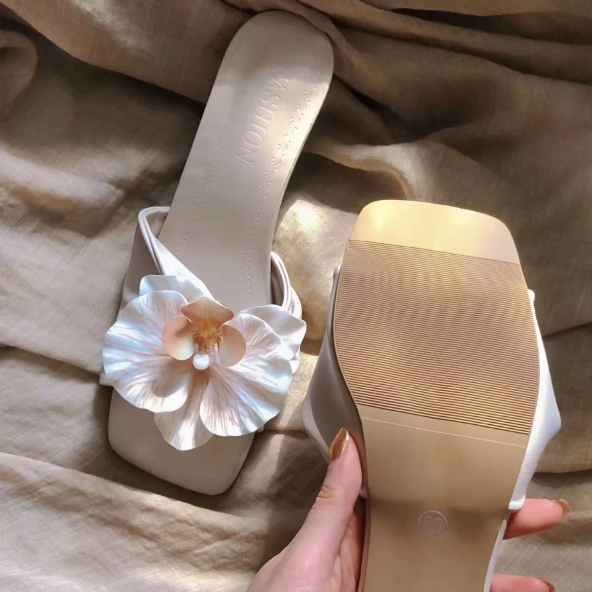 Color Luxury Girls Summer Thin Heel Slide Shoes Square Toe Orchid Flower Women Sandal Low Heels