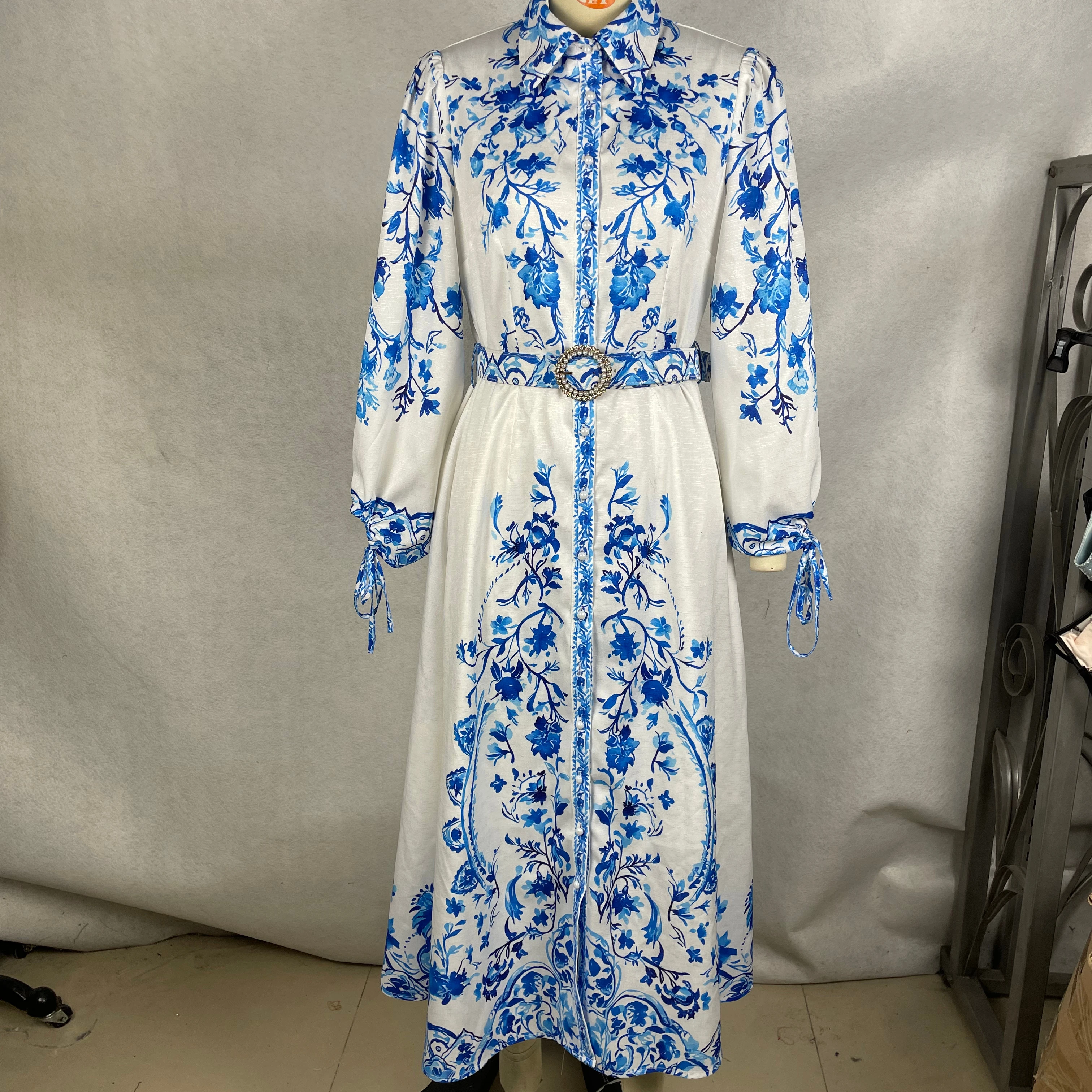 Long Blue And White Porcelain Floral Print Dress Natural Waistline Woven And Digital Printing