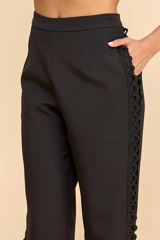 Women's Black Long Sleeve Suit Set Lace Accents Tie Details Button Zipper Hole Decorations Stylish Office Lady Fashion For Galas