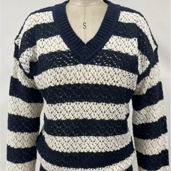 Women's Casual V-neck Crochet Sweater With Striped Pattern Long Sleeves For Spring Daily Wear