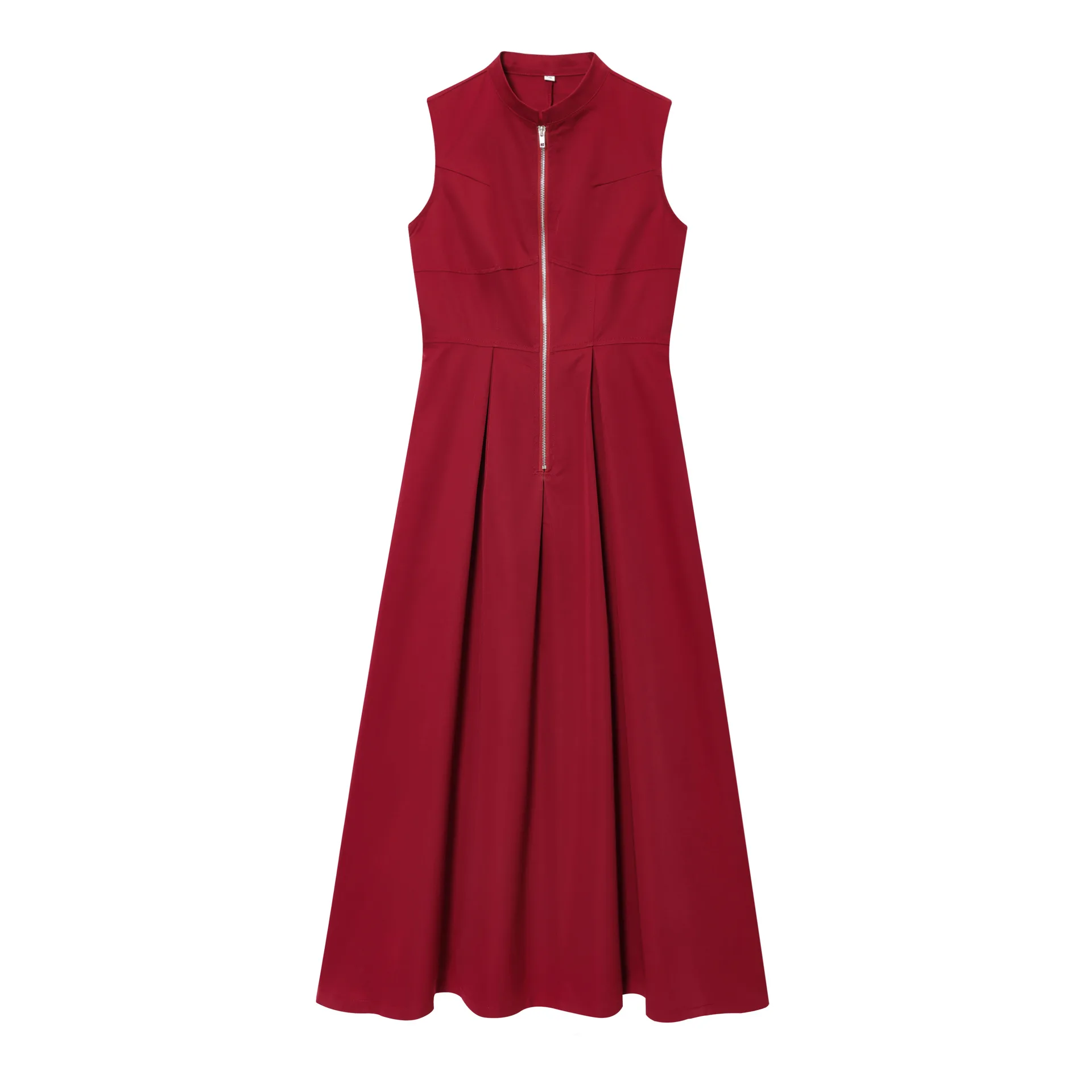 Women's Zip Front Midi Dress With Pleated Skirt Sleeveless And Solid Pattern For Cocktail Parties Woven And Washable