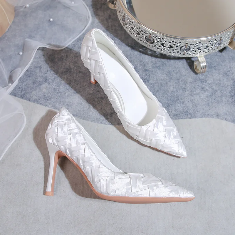 Ladies Bridal Shoes Pointed Toe White Satin Weave High Heeled Elegant Women Wedding Pumps Shoes Party