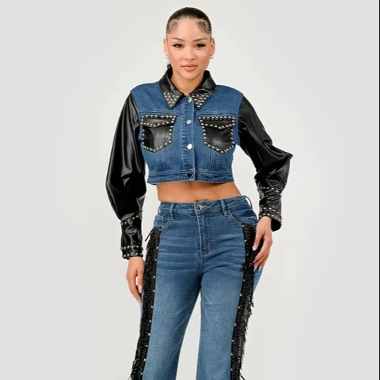 Women's Y2k Denim Pu Leather Stitching Short Jacket Rivet Leather Stitching Nightclub Party European And American Street