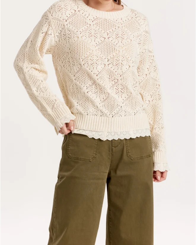 Women's For Cream Openwork Knit & Lace Trim Round-neck Sweater For Daily Wear